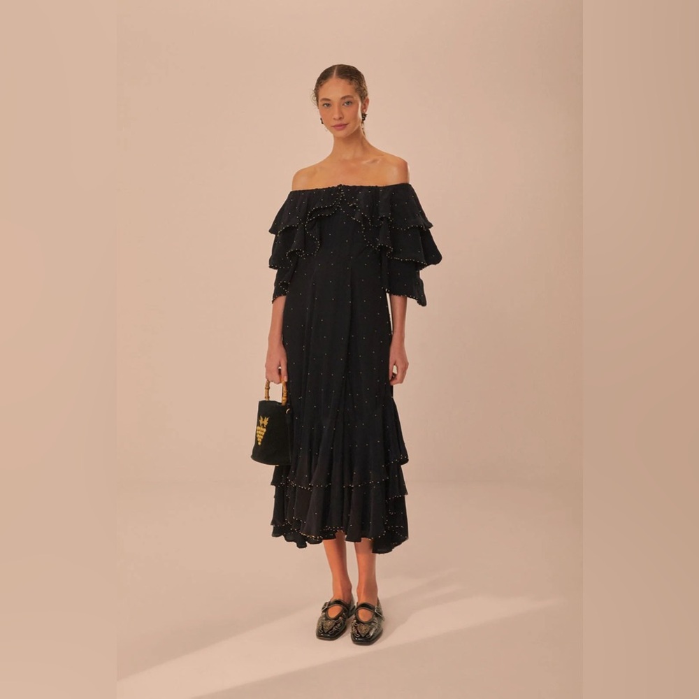 FARM RIO BEADED Off-Shoulder Tiered Maxi Dress NWT in Black